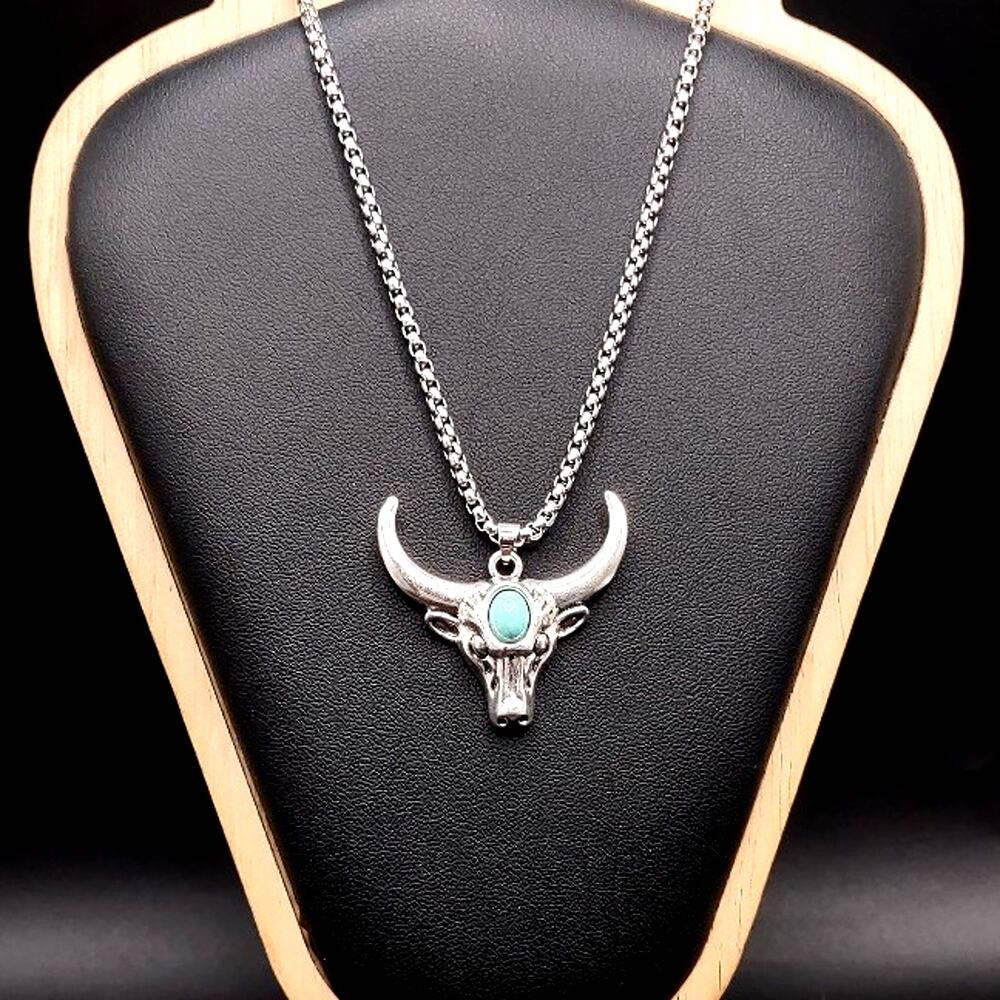 Silver Tone Necklace w/ Turquoise Bull & Horns Pendant Western Vintage Boho Gift